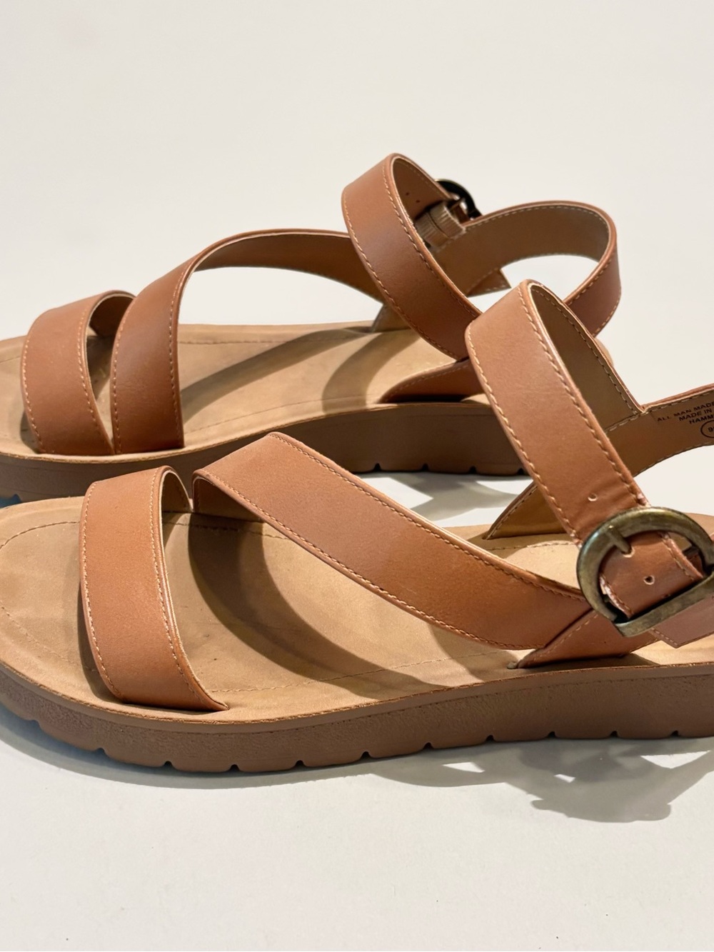 Women's Tan Strappy Buckle Sandals with Cushioned Footbed